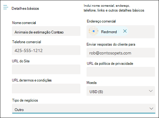 Captura de ecrã: página para introduzir as suas informações comerciais básicas