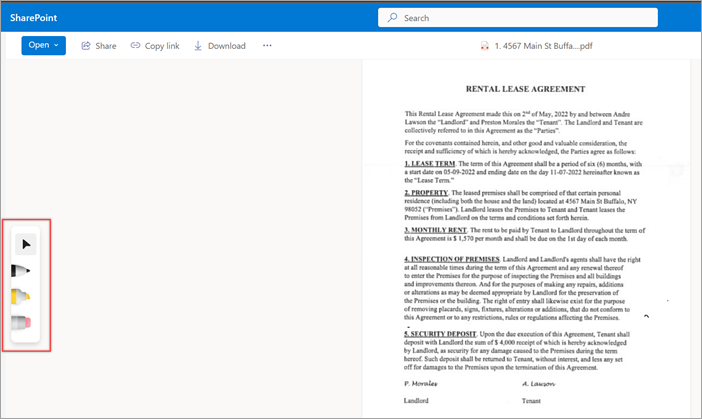 Captura de ecrã de um visualizador de documentos a mostrar as ferramentas de anotação realçadas.