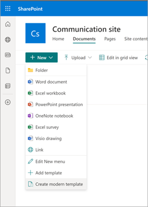 Captura de ecrã da biblioteca de documentos com a opção Criar modelo moderno realçada.