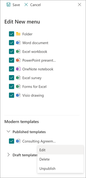 Captura de ecrã do painel de menu Editar Novo a mostrar a secção Modelos modernos.