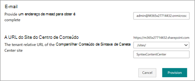 Captura de ecrã a mostrar a página de aprovisionamento do modelo de site do Centro de Conteúdos.