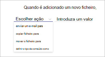 Captura de ecrã da página da instrução de regra a mostrar a opção escolher ação realçada.