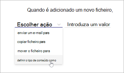 Captura de ecrã da página da instrução de regra a mostrar a opção escolher ação realçada.