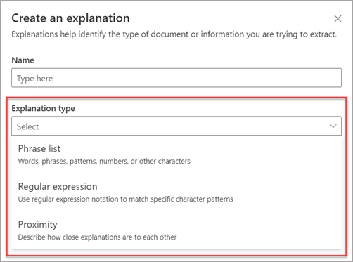 Captura de ecrã a mostrar o painel Criar uma explicação com os três tipos de explicação.