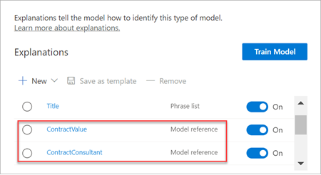 Captura de ecrã da secção Explicações a mostrar o tipo Referência do modelo.