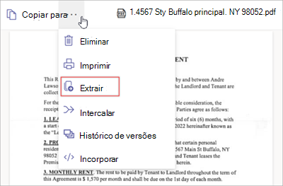 Captura de ecrã a mostrar um menu Mais opções com a opção Extrair.