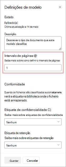 Captura de ecrã do painel Definições do modelo a mostrar a opção Intervalo de páginas.