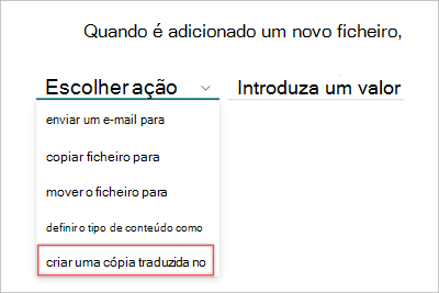 Captura de ecrã a mostrar a página da instrução de regra com a opção de tradução realçada.