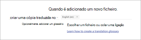 Captura de ecrã da página da instrução de regra a mostrar a opção glossário.