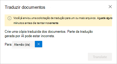 Captura de ecrã a mostrar a mensagem a aguardar alguns minutos e a tentar novamente.