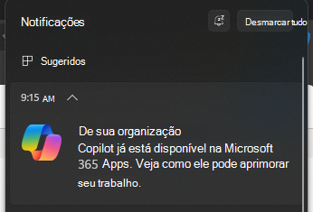 Captura de ecrã que mostra o pop-up de notificação para o Copilot.