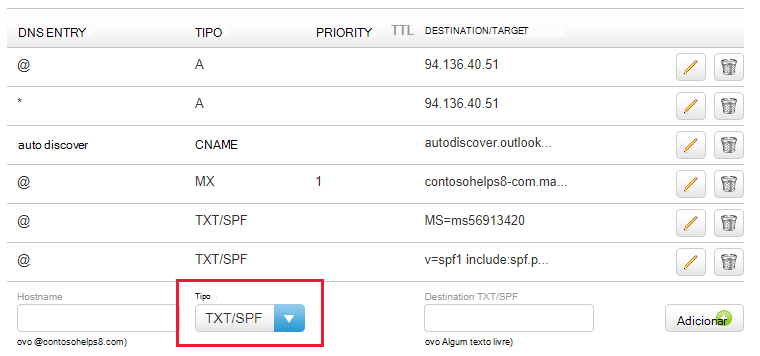 Selecione o tipo TXT/SPF na lista pendente e preencha os valores.