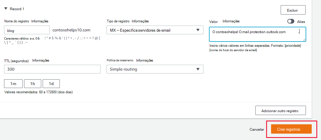 Captura de ecrã a mostrar onde seleciona Criar registos para adicionar um registo MX