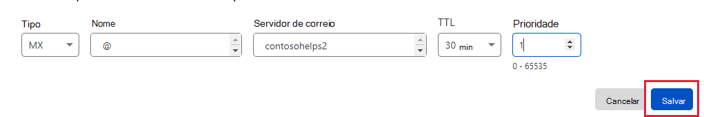 Captura de ecrã a mostrar onde seleciona Guardar registo para adicionar um registo MX.