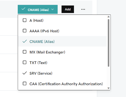 Captura de ecrã a mostrar a opção Selecionar CNAME na lista pendente Tipo.