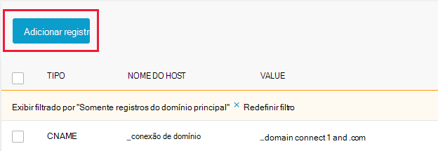 Captura de ecrã a mostrar onde seleciona Adicionar registo para adicionar um registo TXT de verificação de domínio.