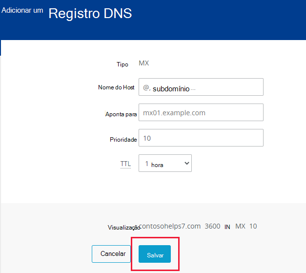 Captura de ecrã a mostrar onde seleciona Guardar para adicionar um registo MX.