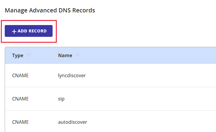 Captura de ecrã a mostrar onde seleciona Adicionar um registo para adicionar um registo TXT de verificação de domínio.