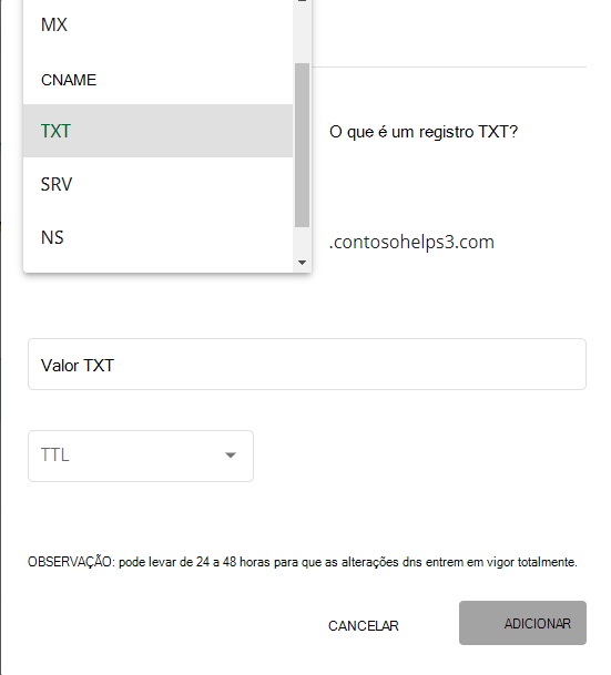 Selecione TXT na lista pendente Tipo para o registo TXT de verificação de domínio.