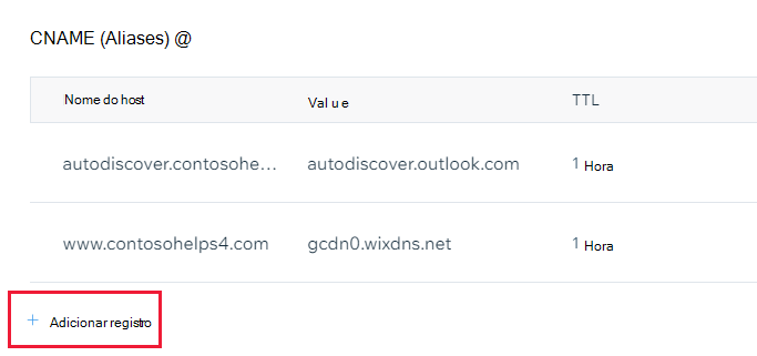 Captura de ecrã a mostrar onde seleciona Adicionar um registo para adicionar um registo CNAME.
