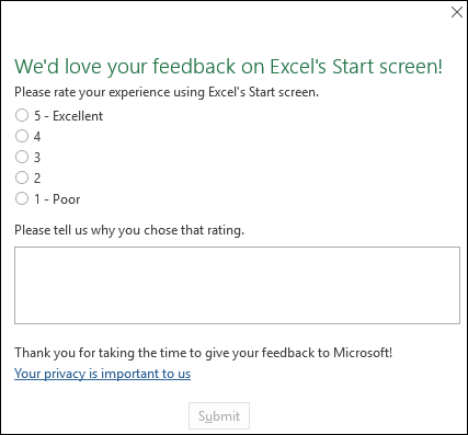 Captura de ecrã: exemplo de pedido de feedback no produto Excel