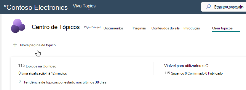 Captura de ecrã da página Gerir tópicos com a página Novo tópico selecionada.