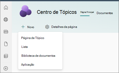 Captura de ecrã da home page do centro de tópicos com a Página de Tópico selecionada no menu Novo.