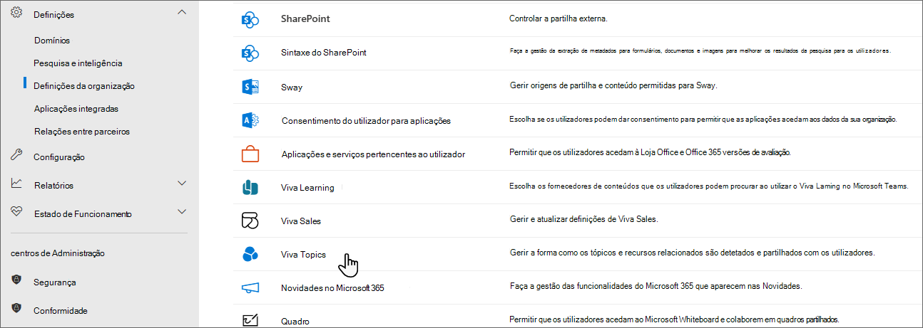 Captura de ecrã do separador Serviços com Topics selecionada.