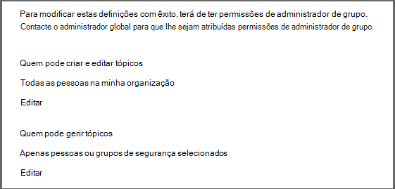 Captura de ecrã a mostrar a página de permissões do tópico.