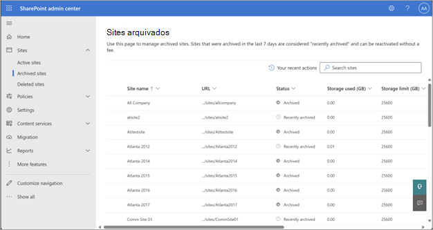 Captura de ecrã da página Sites arquivados no centro de administração do SharePoint.