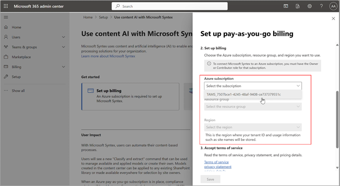 Captura de ecrã do painel Configurar faturação pay as you go a mostrar a lista pendente subscrição do Azure.