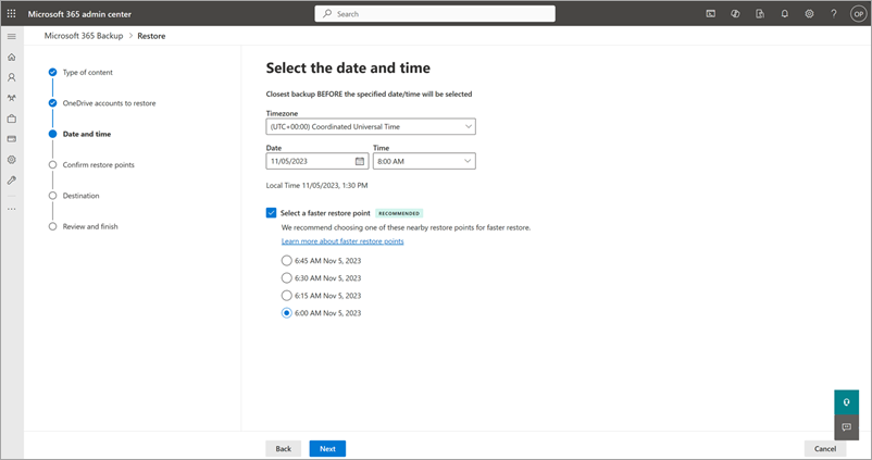 Captura de ecrã a mostrar a opção Selecionar um ponto de restauro mais rápido para o OneDrive.