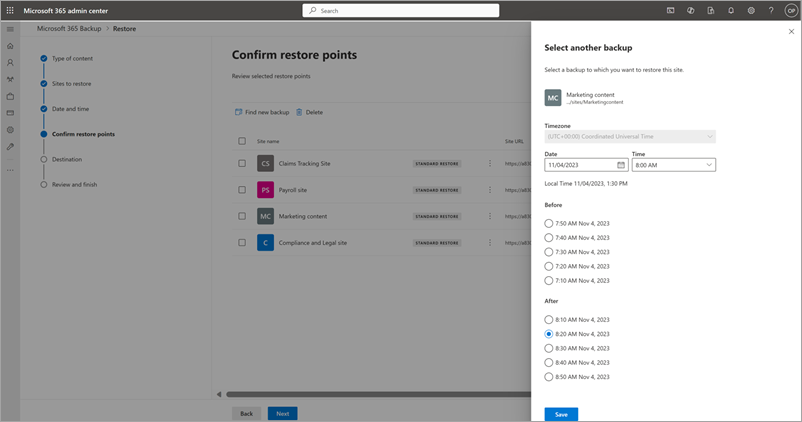 Captura de ecrã a mostrar o painel Selecionar outra cópia de segurança para o SharePoint.