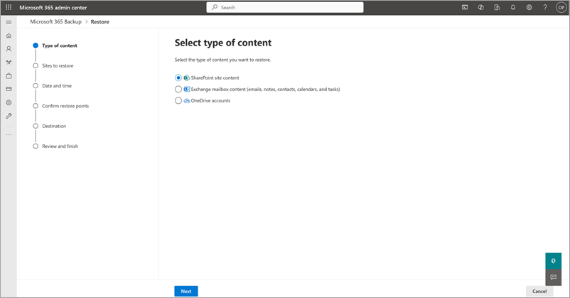 Captura de ecrã a mostrar a página Selecionar tipo de conteúdo com o conteúdo do site do SharePoint selecionado.