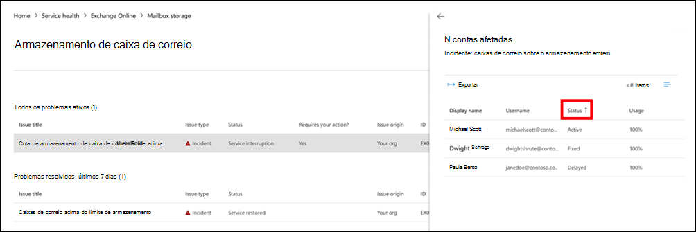 Captura de ecrã que mostra um exemplo da coluna de estado no painel da conta afetada.