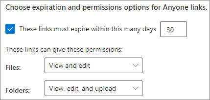 Captura de ecrã a mostrar as definições de expiração da ligação Qualquer pessoa ao nível da organização do SharePoint.