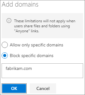 Captura de ecrã a mostrar a definição Limitar a partilha externa por domínio do SharePoint.