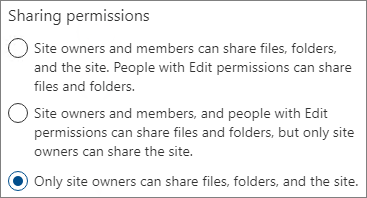 Captura de ecrã a mostrar as definições de permissões de partilha num site do SharePoint definido como apenas para proprietários.