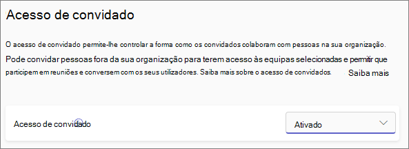 Captura de ecrã do botão de alternar acesso de convidado do Teams.