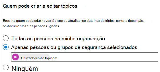 Captura de ecrã da página Quem pode criar e editar tópicos.