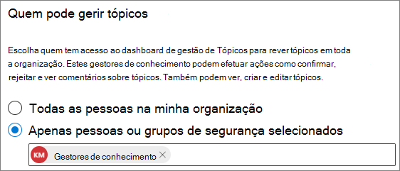 Captura de ecrã da página Quem pode gerir tópicos.