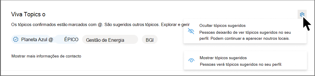 Captura de ecrã de um cartão de perfil a mostrar a opção para remover tópicos sugeridos