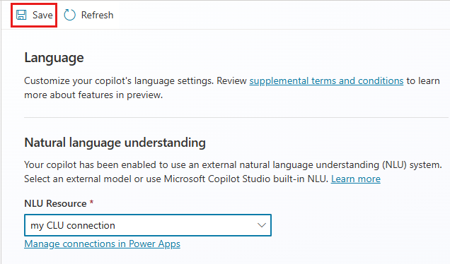 Captura de tela mostrando um recurso de NLU externo, na área Reconhecimento de linguagem natural da página Configurações de idioma.