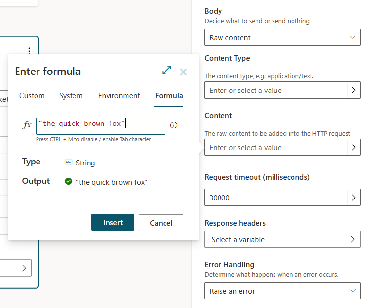 Captura de tela do conteúdo RAW selecionado para tipo de conteúdo de corpo.