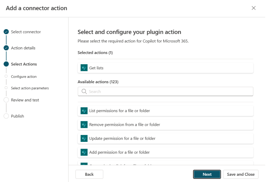 Tela da ação selecionada do conector – primeira ação selecionada