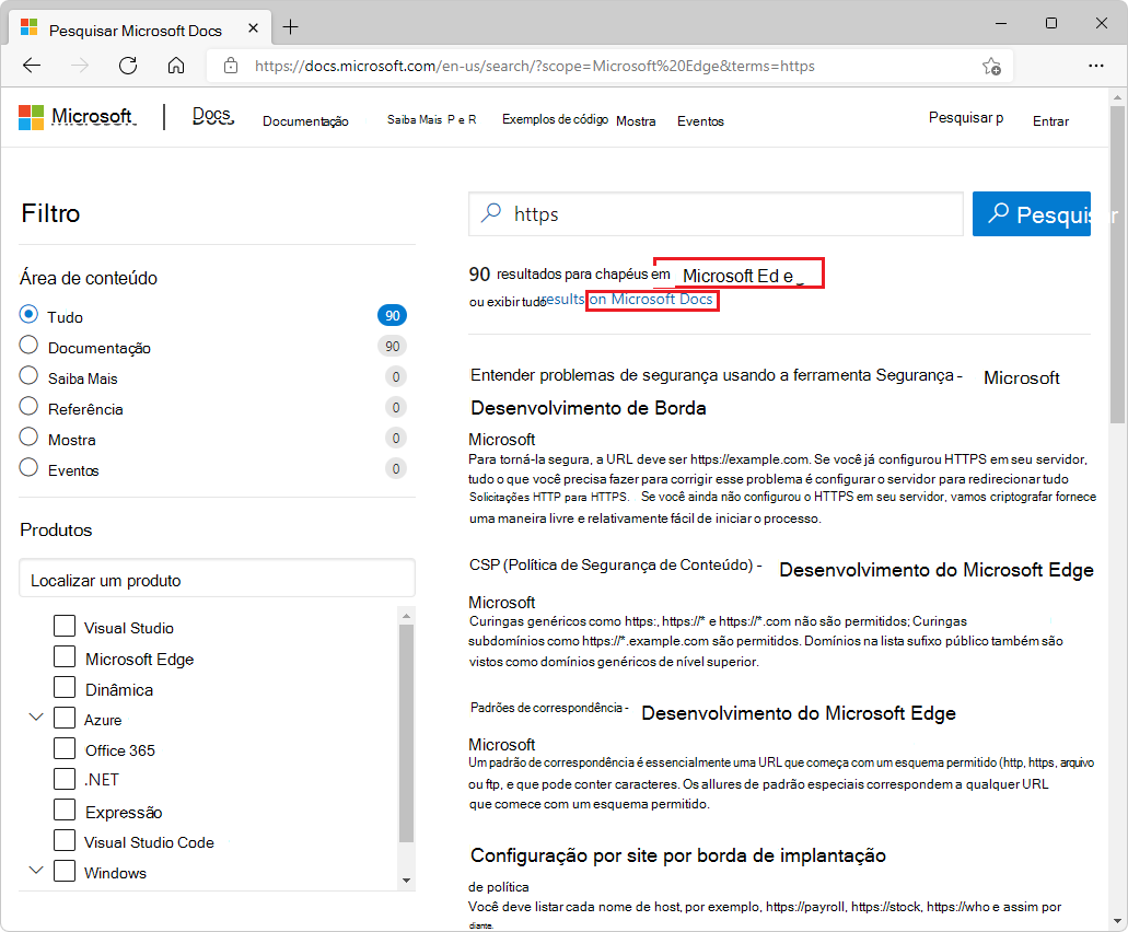 A página de pesquisa em texto completo pesquisa inicialmente toda a documentação do Microsoft Edge ou pode clicar na ligação 