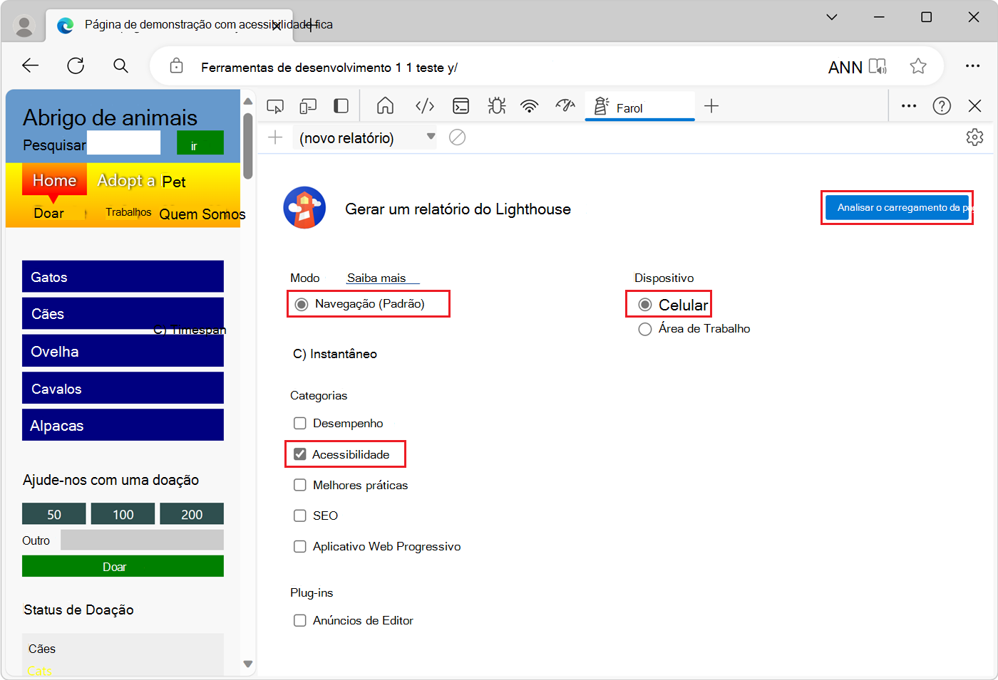 As opções de configuração a utilizar