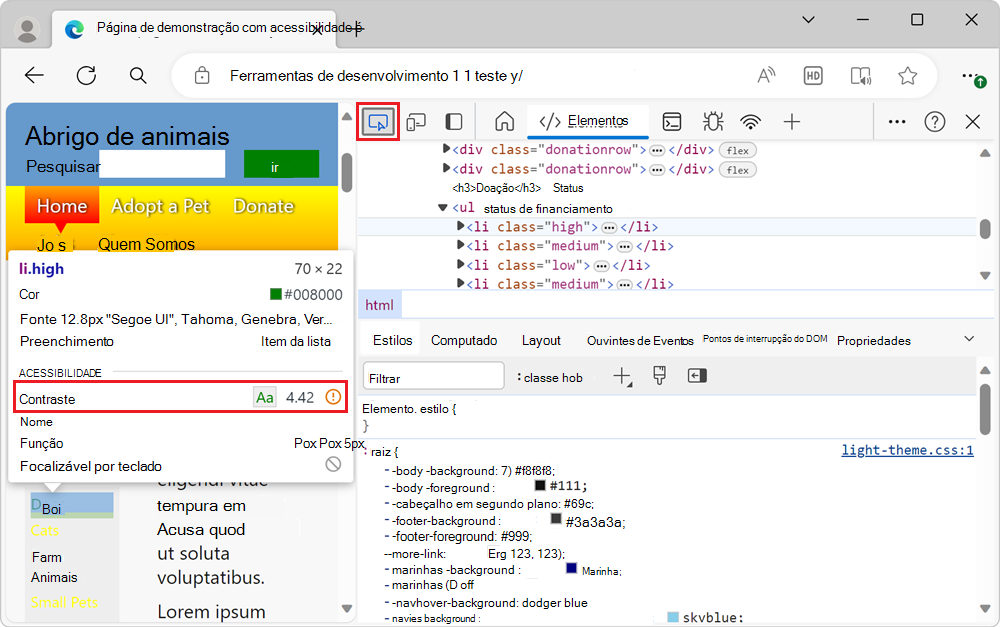 Um elemento que não tem contraste suficiente, conforme mostrado pelo aviso na ferramenta Inspecionar