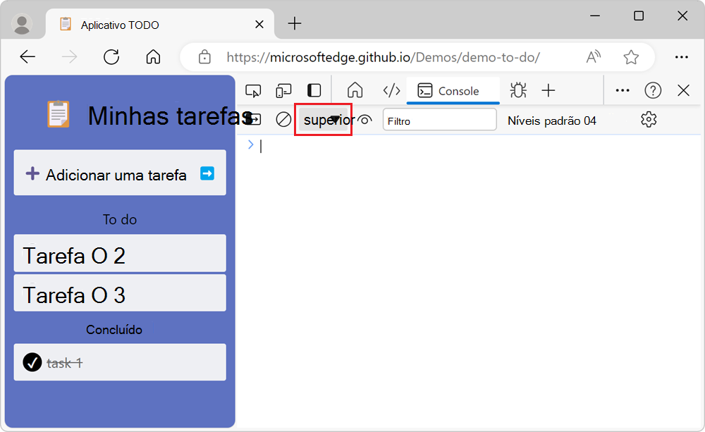 A lista pendente de contexto javaScript, que mostra que o contexto superior está selecionado