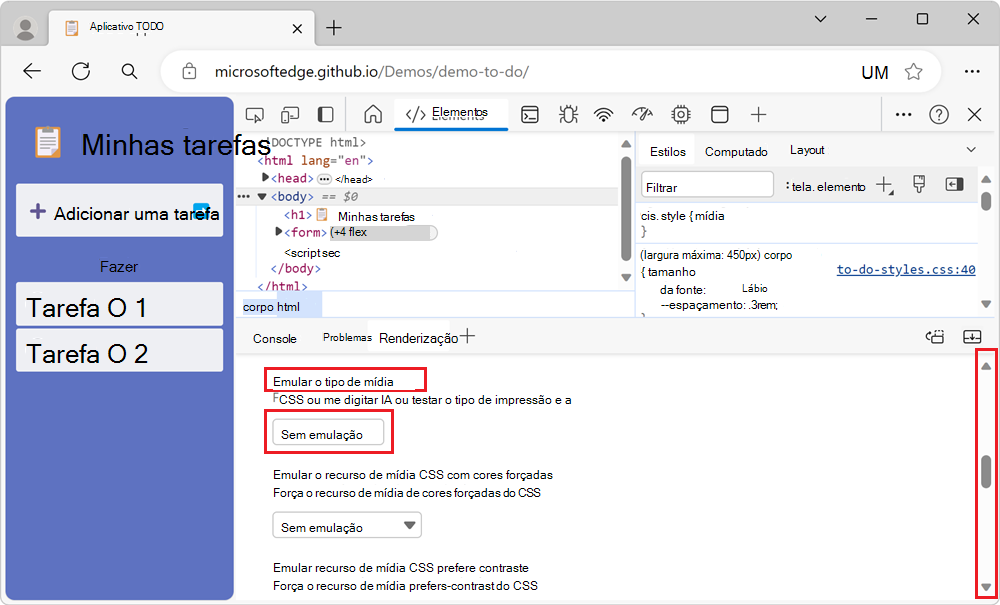 A secção Emular tipo de suporte de dados CSS na ferramenta de Composição